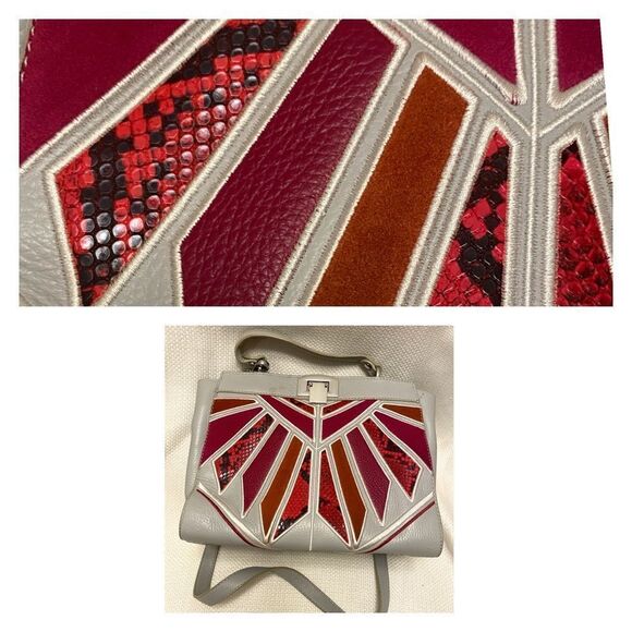 Exotic Sam Edelman stone grey pebbled leather snake embroidered geometric - Picture 3 of 7